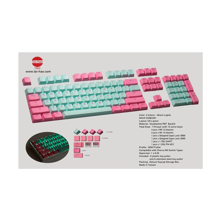 Tai - Hao - Miami - Doubleshot PBT/Backlit/116 Keycaps/2 Keys Puller - Keycap Set - Tai - Hao - Zenox