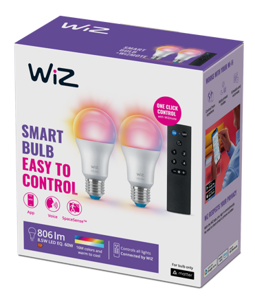 WiZ Wi-Fi BLE 60W A60 E27 RGB 2PK + Remote
