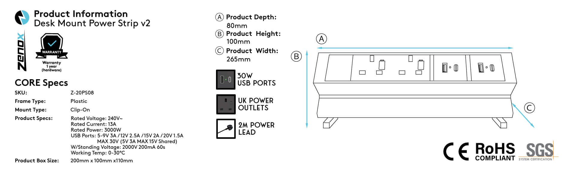 Zenox Desk Mount Power Strip v2 (30W USB - A+C x 2) - Mounted Power Strip - Zenox - Zenox